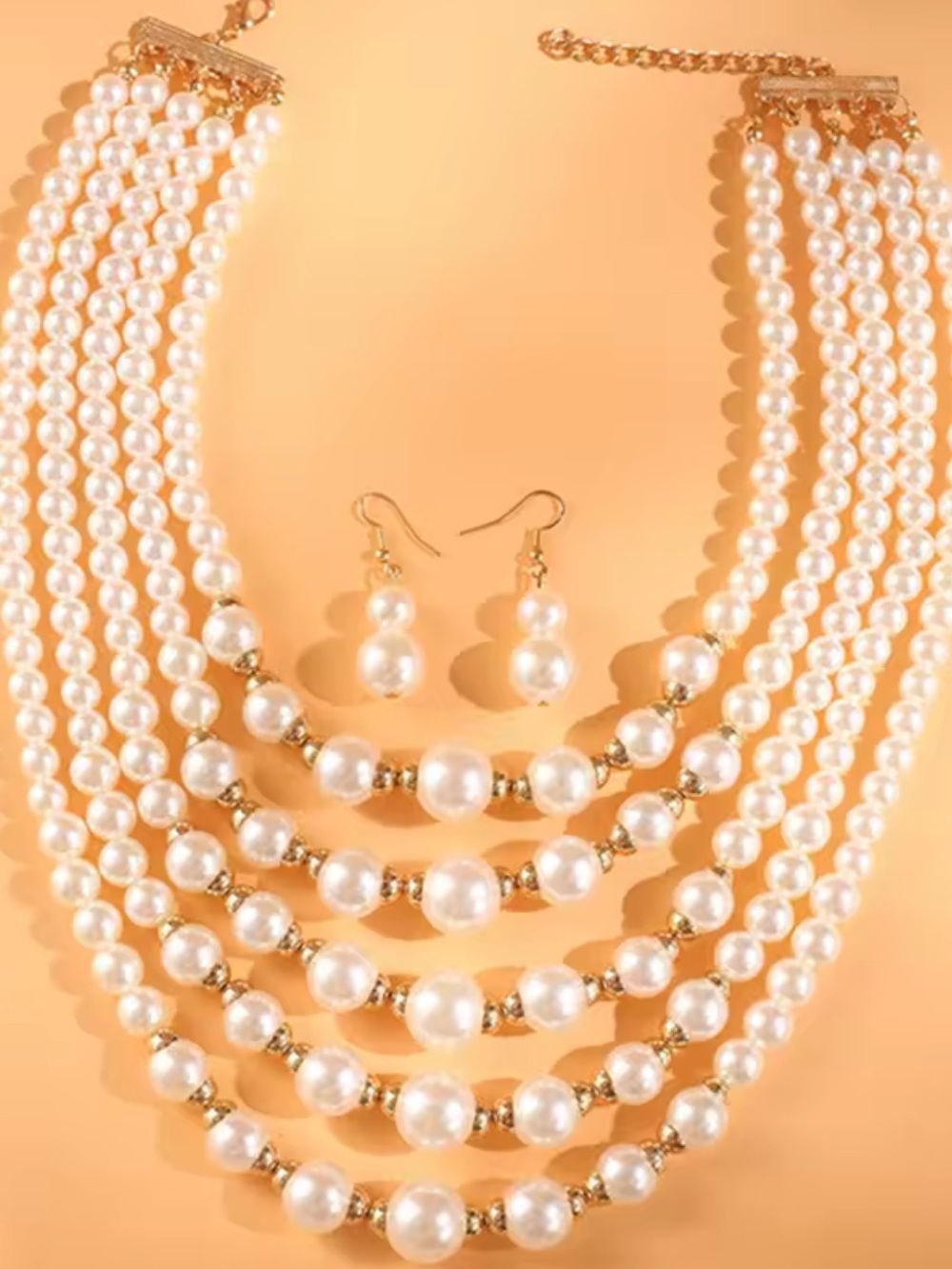 Elegant Multi-Strand White Pearl Necklace and Earrings Set - Brand